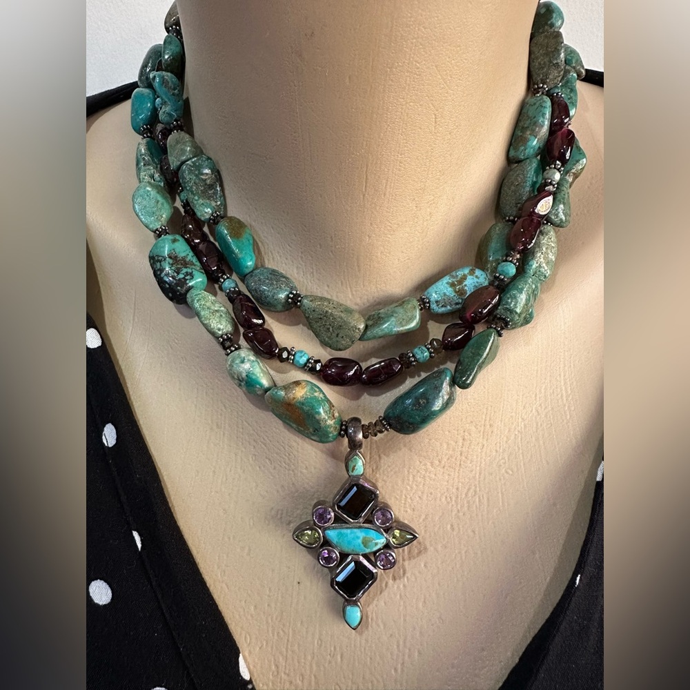 Sterling Silver Turquoise Multi-Gem Necklace: Garnet, Amethyst & Peridot - Picture 2 of 6